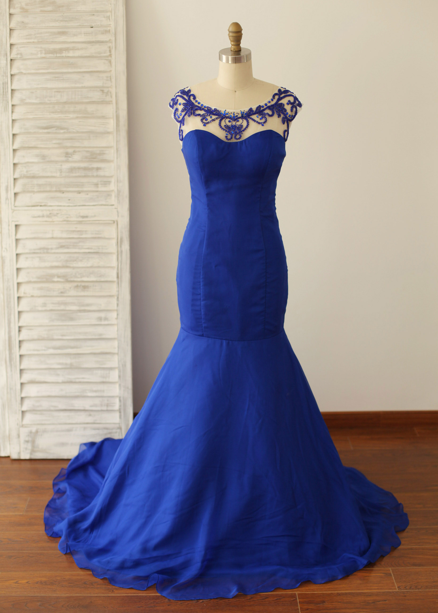 Mermaid Beaded Royal Blue Chiffon Backless Prom Dress 8954